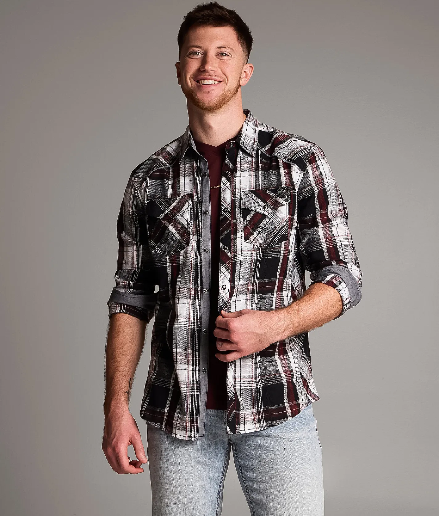 Tops | BKE Plaid Standard Shirt Black White Red