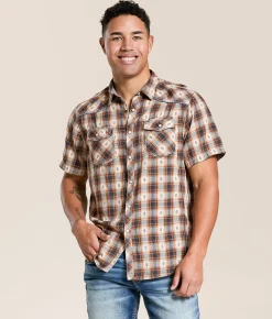 Tops | Gentry County Plaid Standard Shirt Tan Grey