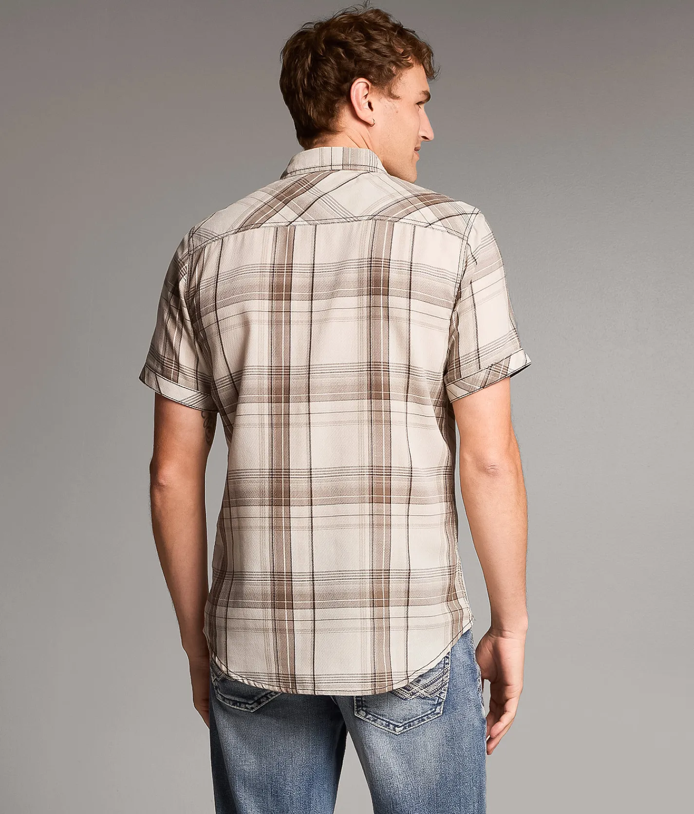 Tops | BKE Plaid Standard Shirt Cream Brown