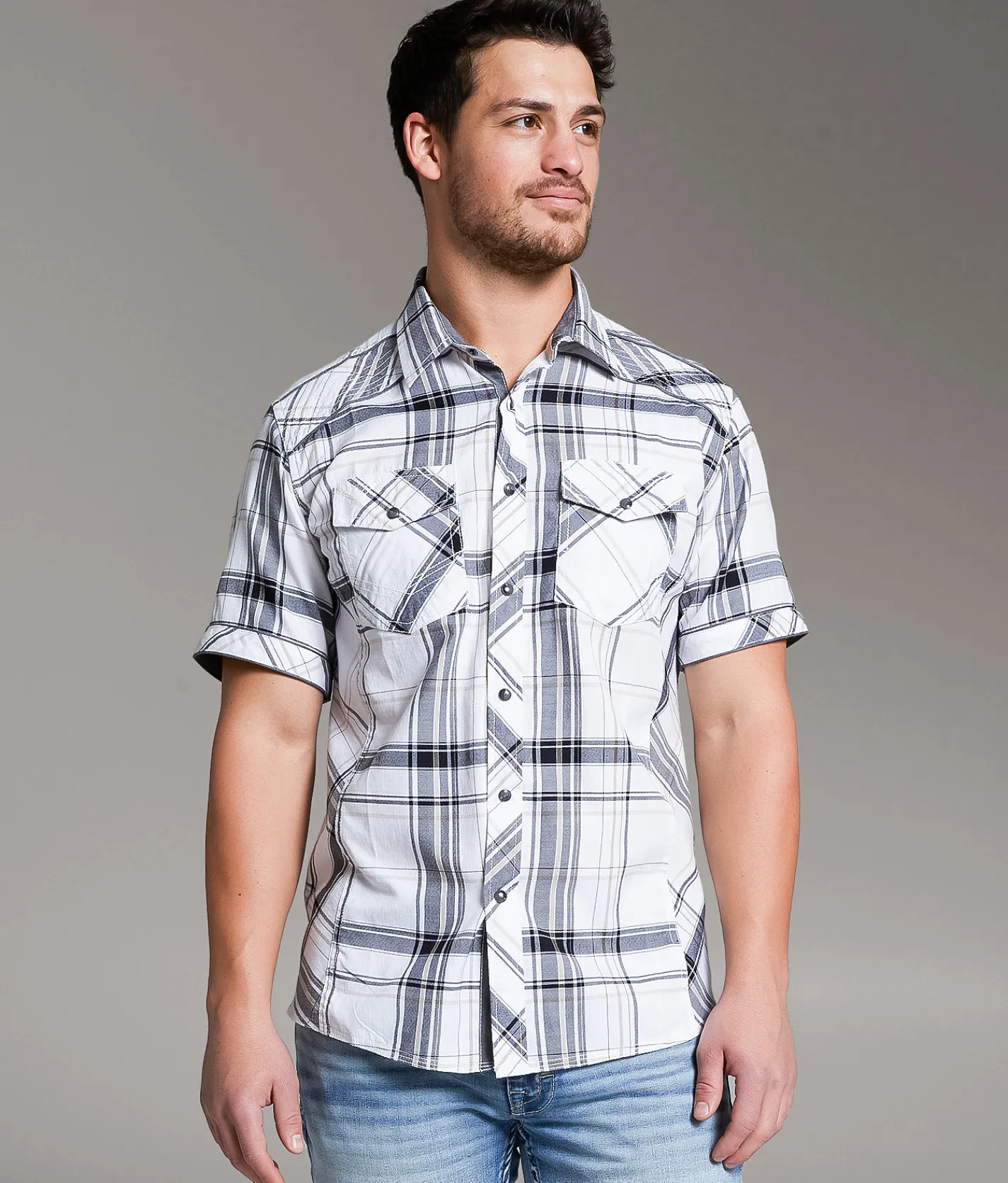 BKE Plaid Standard Shirt White Black Tan Sale