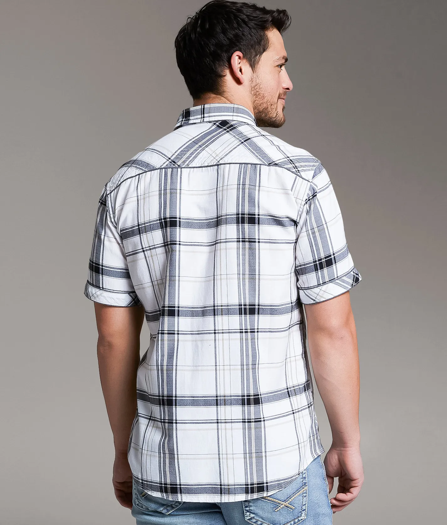 BKE Plaid Standard Shirt White Black Tan Sale