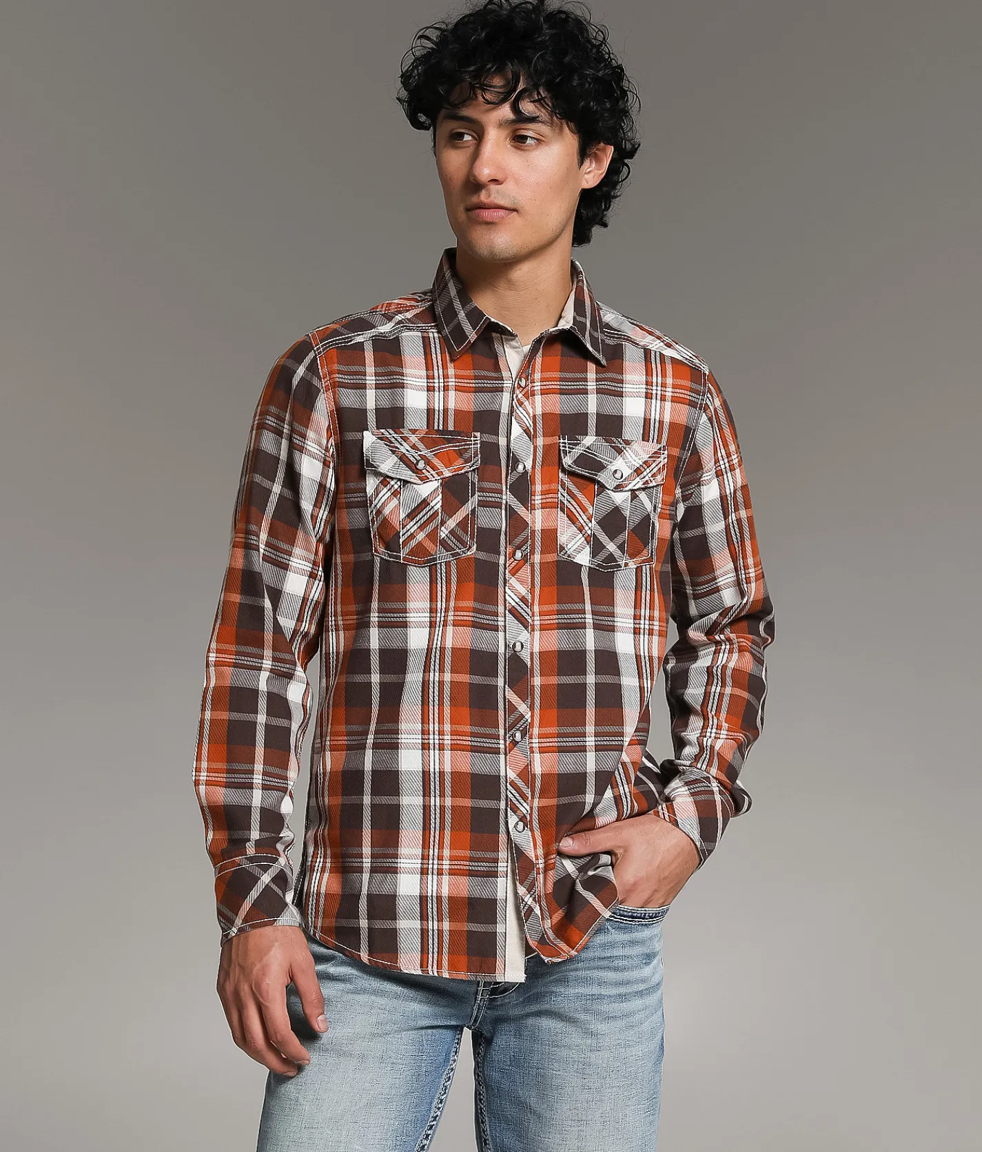 Tops | BKE Plaid Standard Shirt Brown Rusty Orange