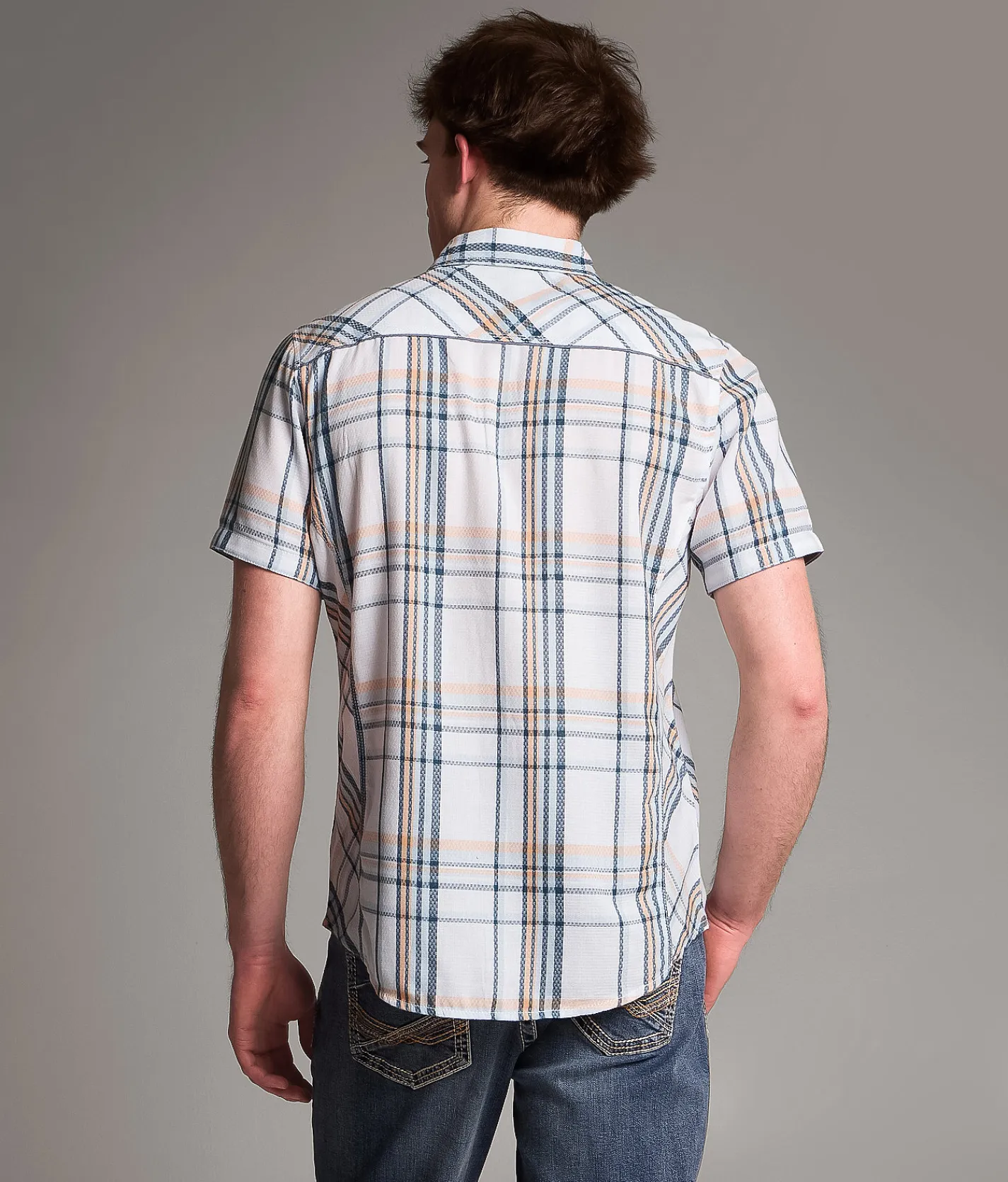 BKE Plaid Standard Shirt White Blue Orange Clearance
