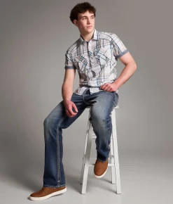 BKE Plaid Standard Shirt White Blue Orange Clearance