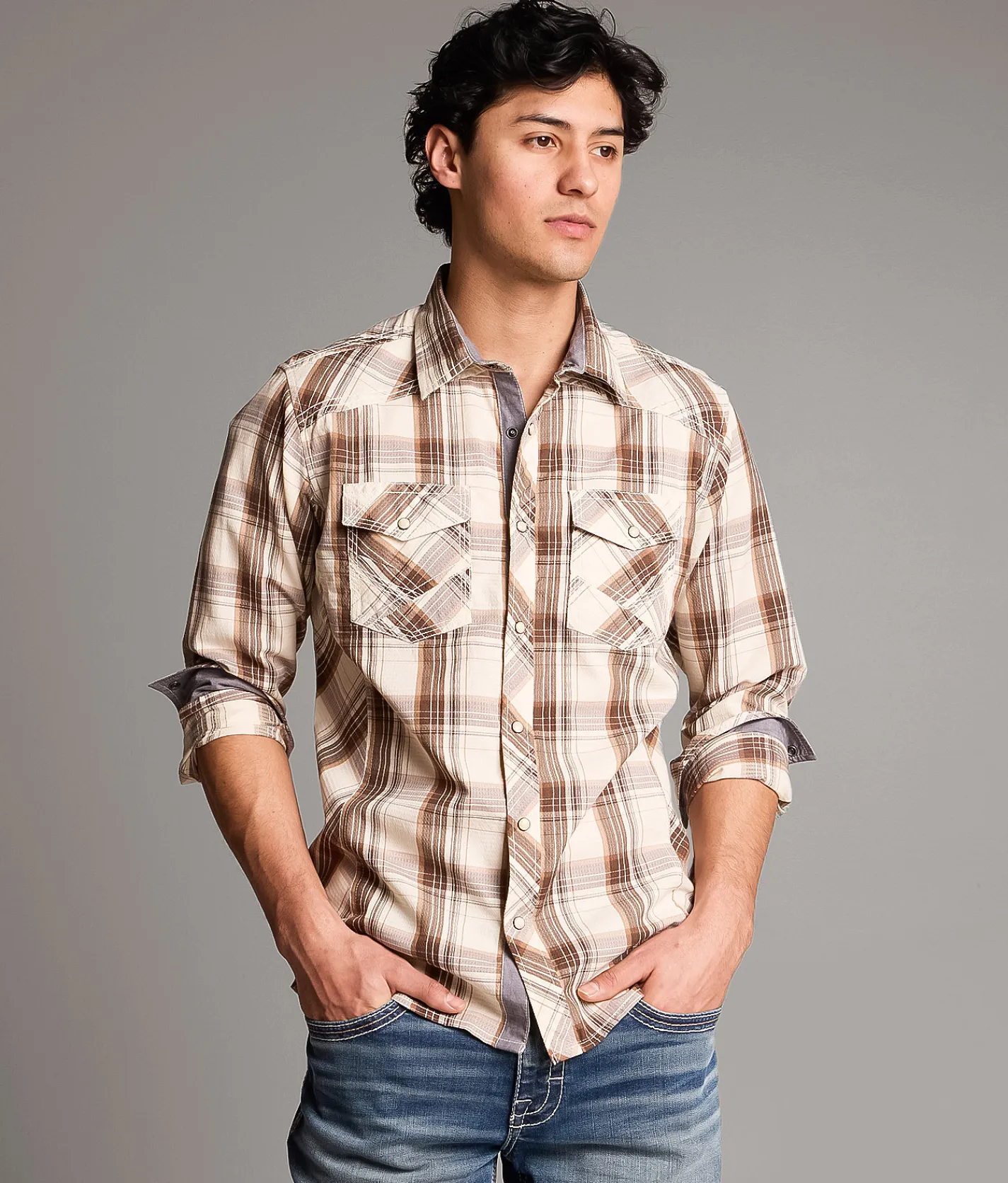 Tops | BKE Plaid Standard Shirt Brown Tan