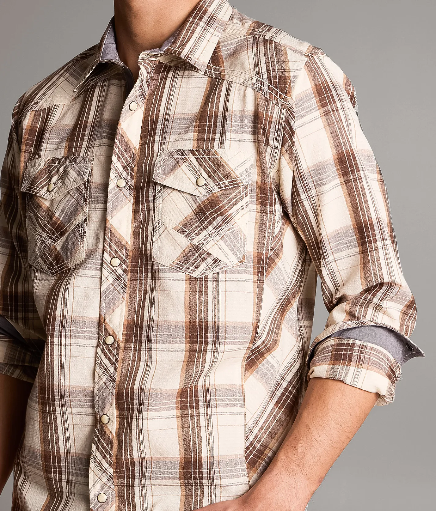 Tops | BKE Plaid Standard Shirt Brown Tan