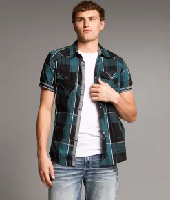 BKE Plaid Standard Shirt Black Blue White Discount