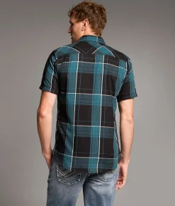 BKE Plaid Standard Shirt Black Blue White Discount
