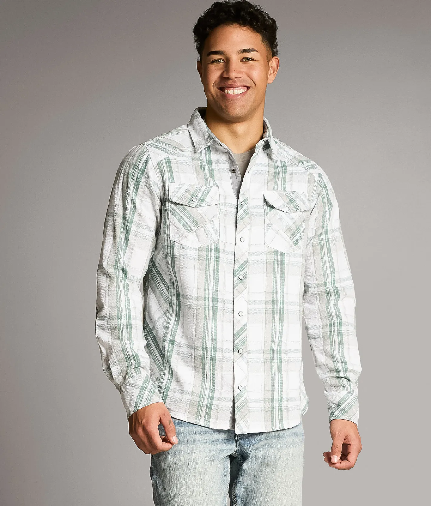 BKE Plaid Standard Shirt White Blue Clearance