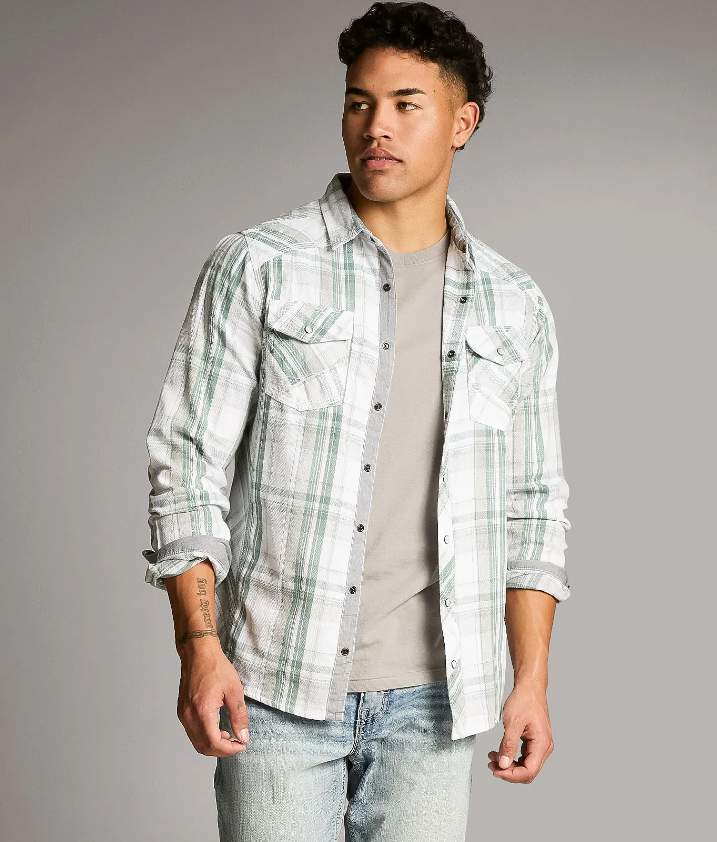 BKE Plaid Standard Shirt White Blue Clearance