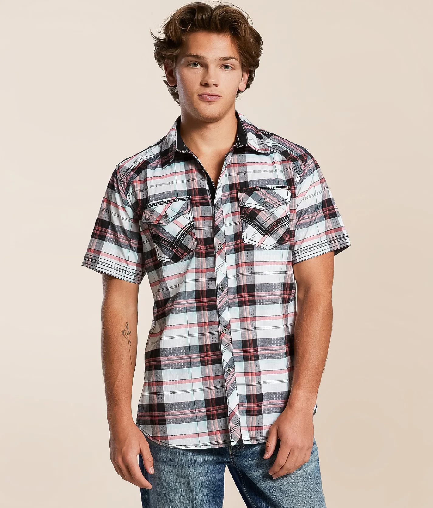 Tops | Buckle Black Plaid Standard Stretch Shirt Black White Pink