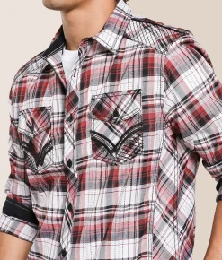 Buckle Black Plaid Standard Stretch Shirt White Black Red Online