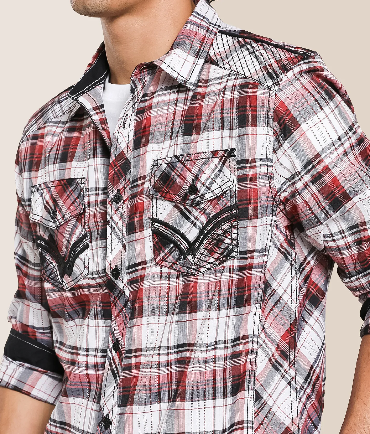 Buckle Black Plaid Standard Stretch Shirt White Black Red Online