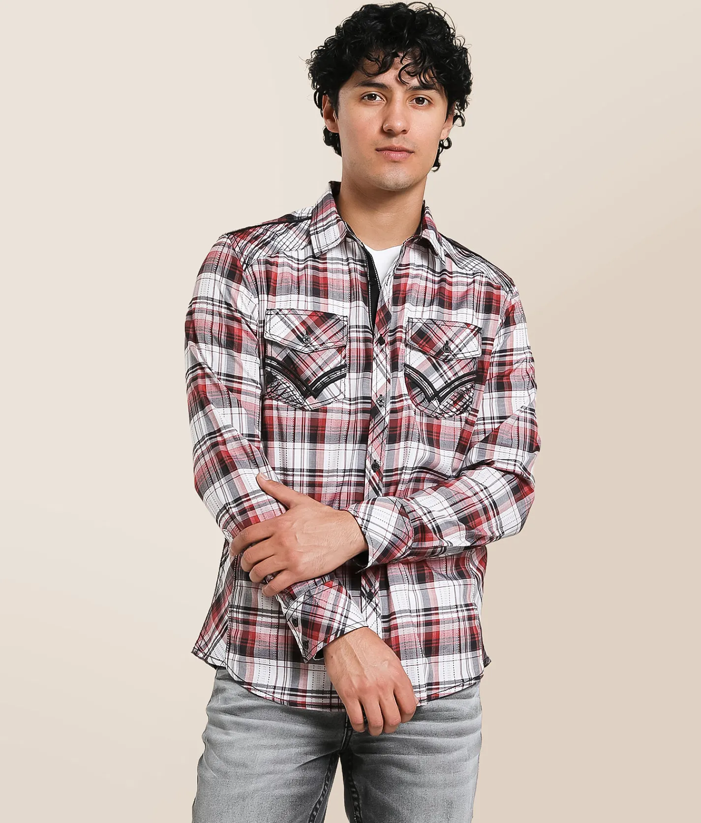 Buckle Black Plaid Standard Stretch Shirt White Black Red Online
