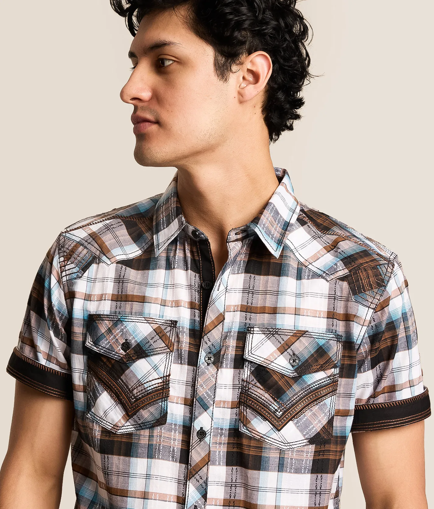 Tops | Buckle Black Plaid Standard Stretch Shirt White Brown Blue