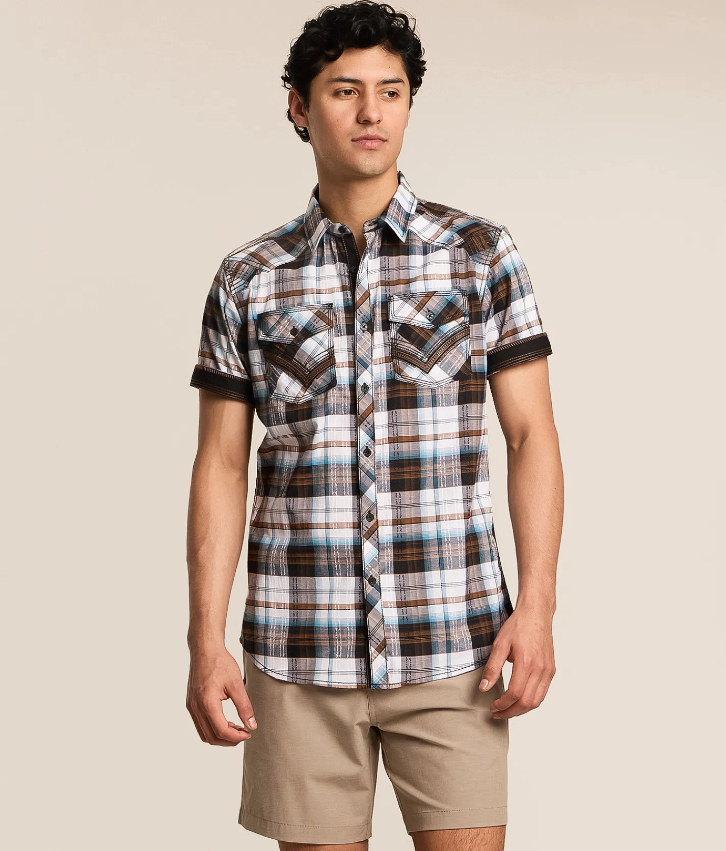 Tops | Buckle Black Plaid Standard Stretch Shirt White Brown Blue