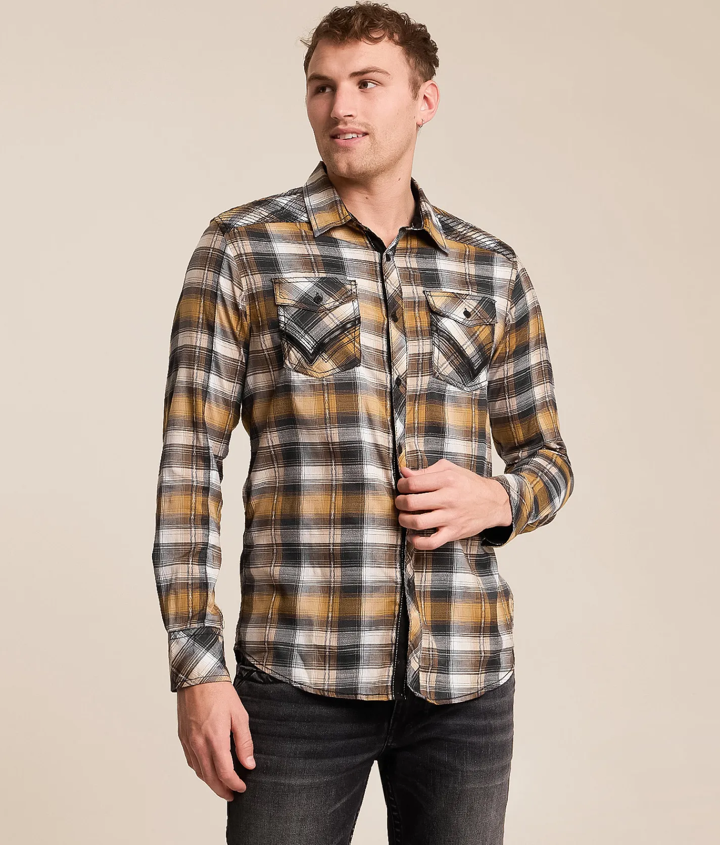 Tops | Buckle Black Plaid Standard Stretch Shirt Black Gold
