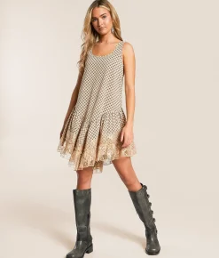 BaeVely Plaid Tiered Lace Mini Dress Tan Plaid New