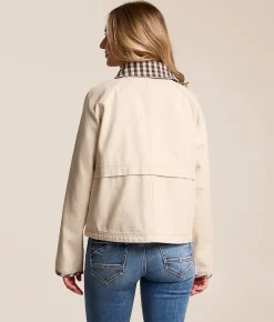 Tops|Coats & Jackets | Blu Pepper Plaid Trim Denim Jacket Cream