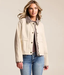 Tops|Coats & Jackets | Blu Pepper Plaid Trim Denim Jacket Cream