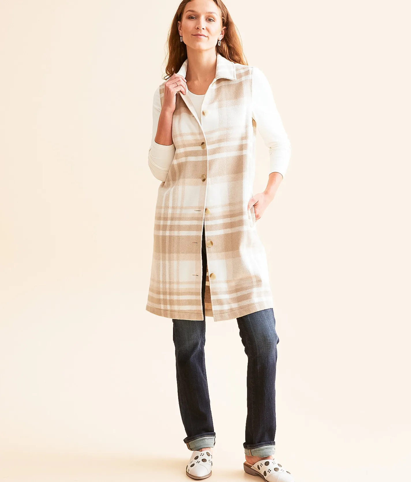 Open SZN Plaid Tunic Vest Beige Off White Best