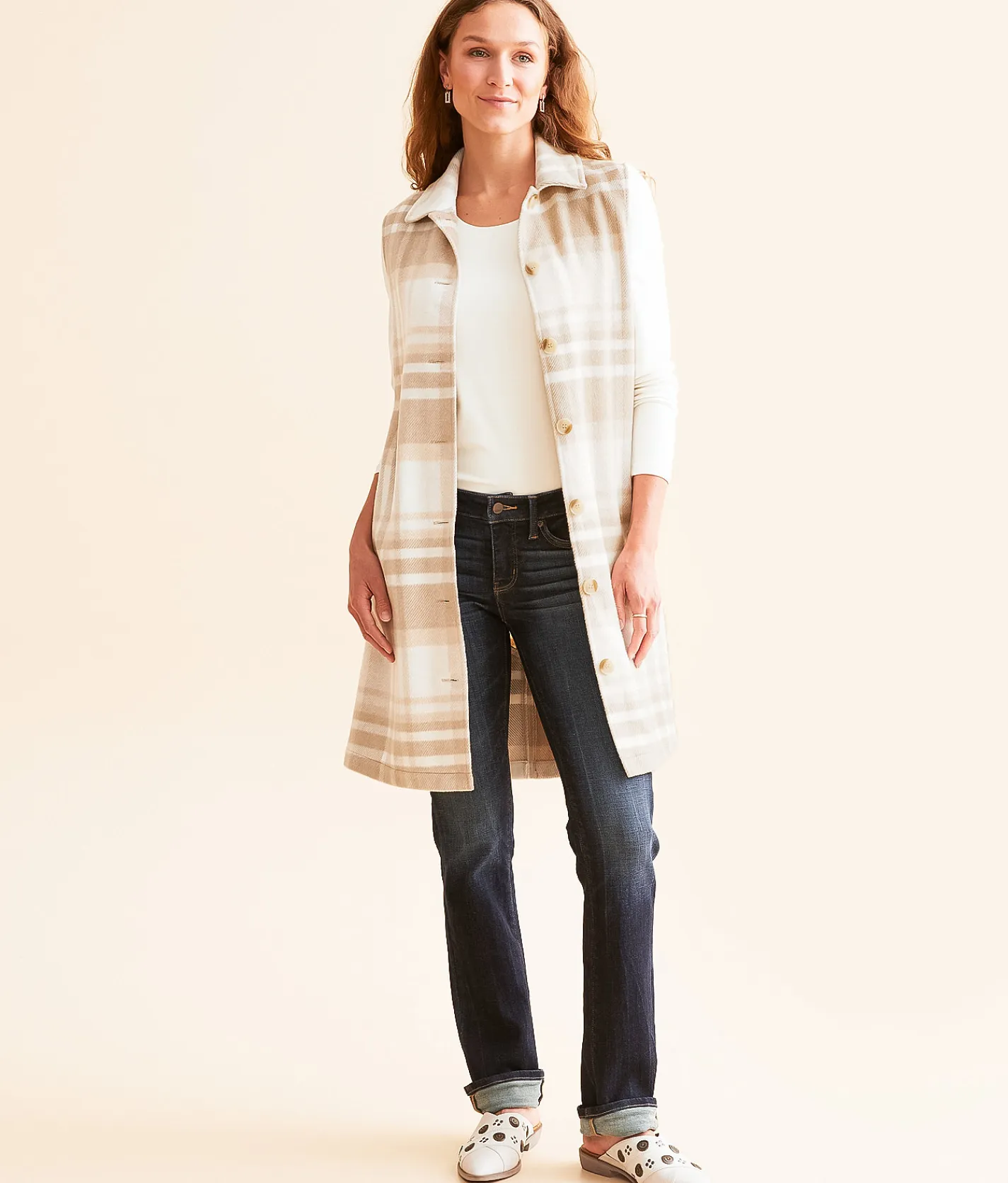 Open SZN Plaid Tunic Vest Beige Off White Best