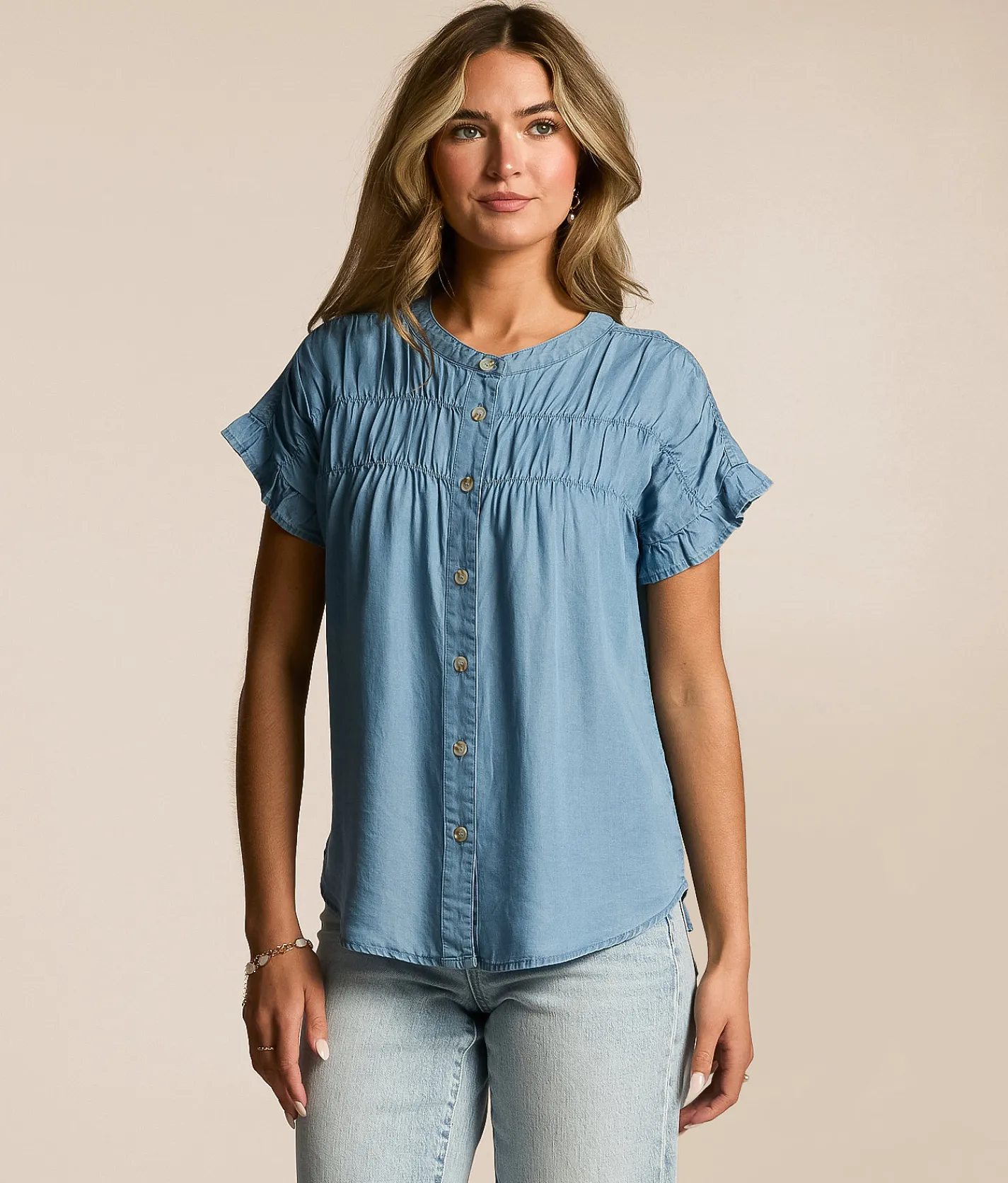 Blu Pepper Pleated Top Chambray