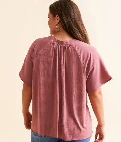 Daytrip Pleated V-Neck Top Deco Rose New
