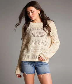 BKE Pointelle Blocked Sweater Cream Discount