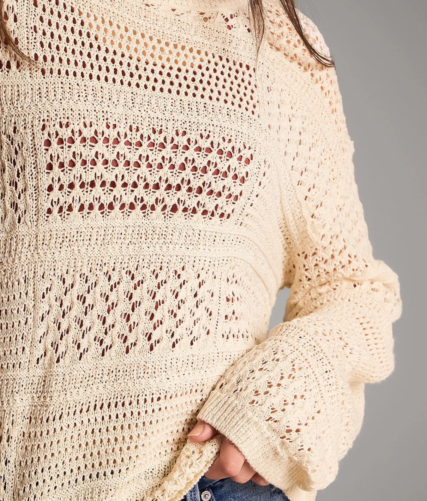 BKE Pointelle Blocked Sweater Cream Discount