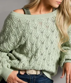 BKE Pointelle Boatneck Sweater Frosty Green Sale