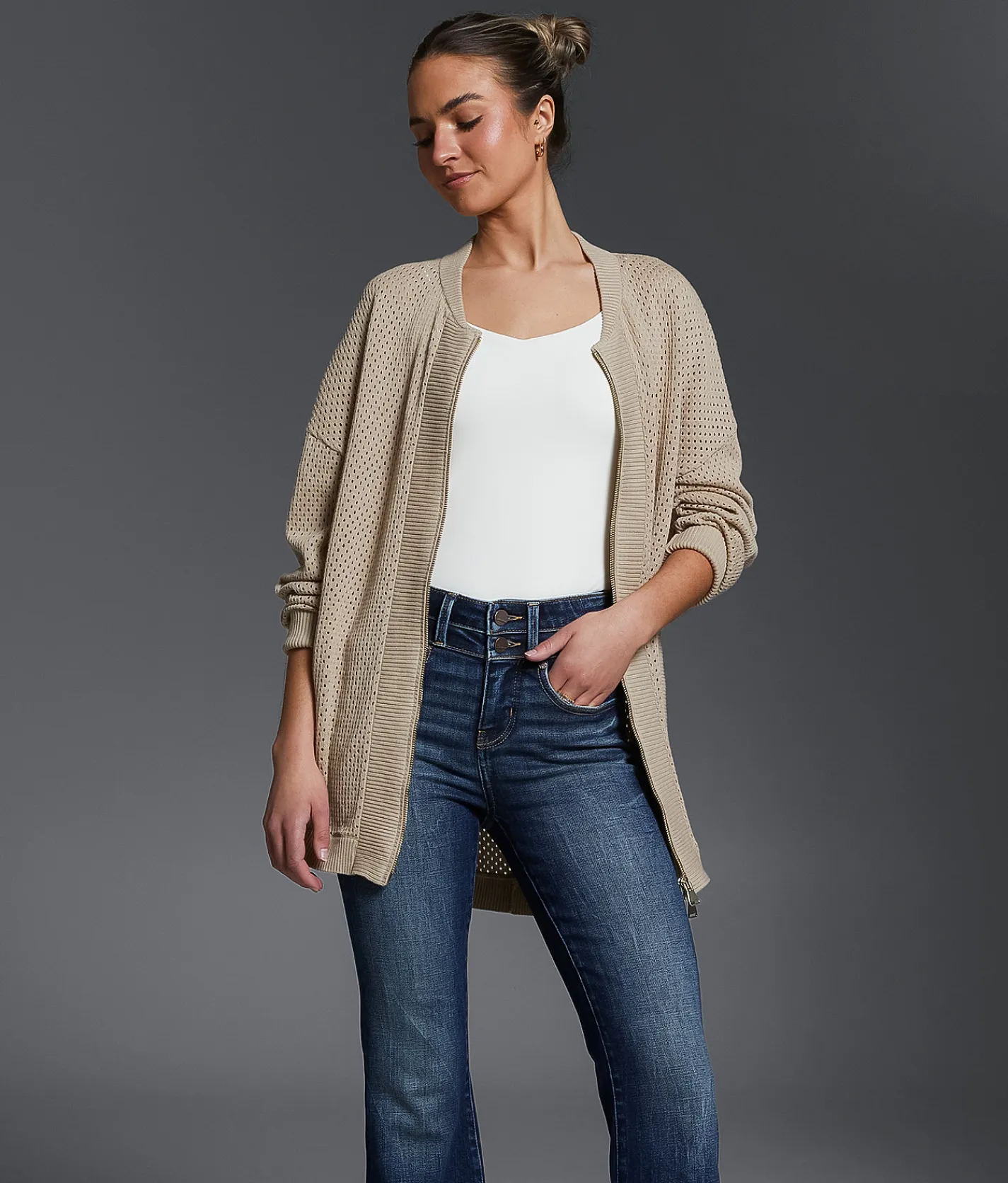 Buckle Black Pointelle Cardigan Sweater Camel New