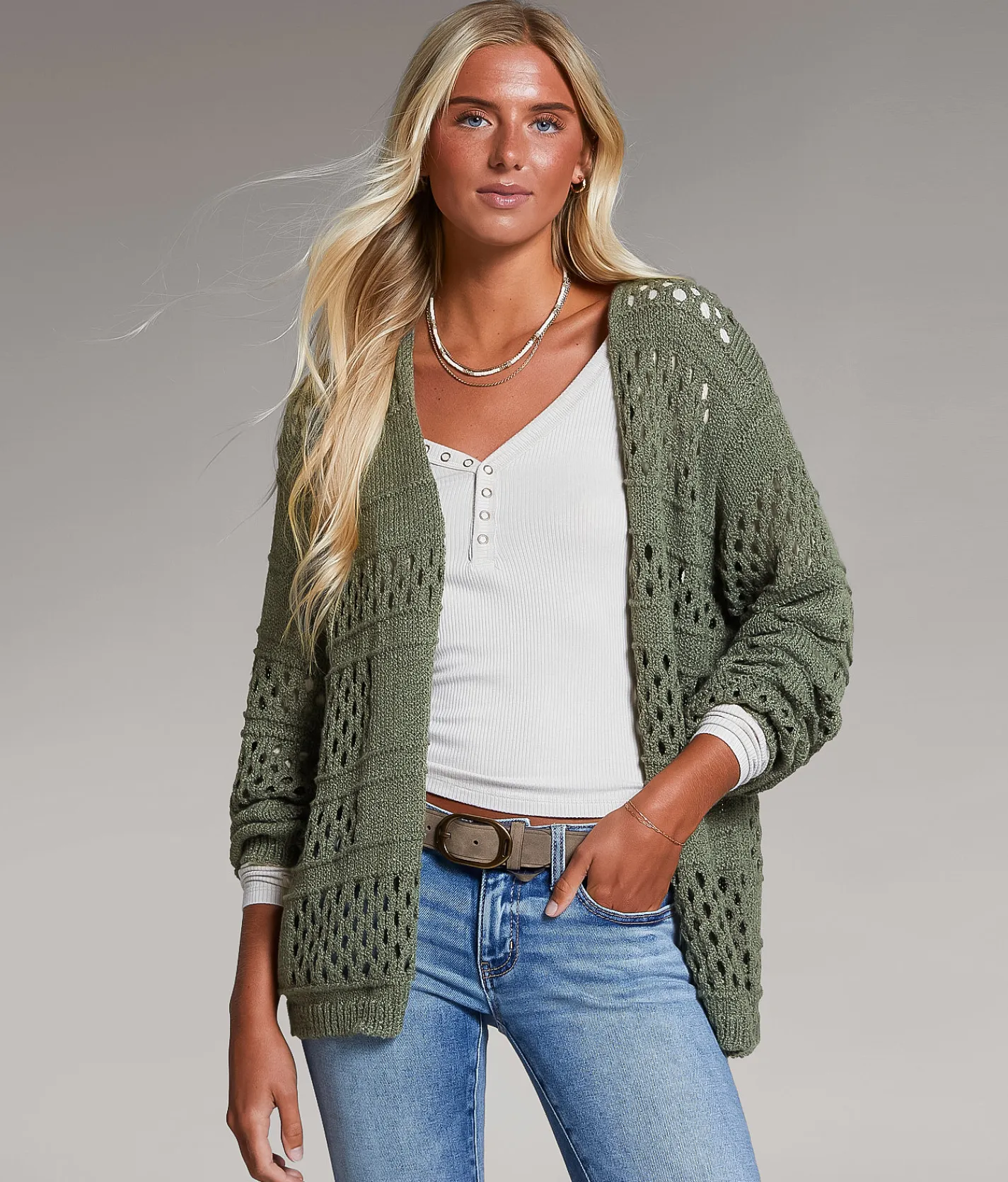 Tops | BKE Pointelle Cardigan Sweater Thyme