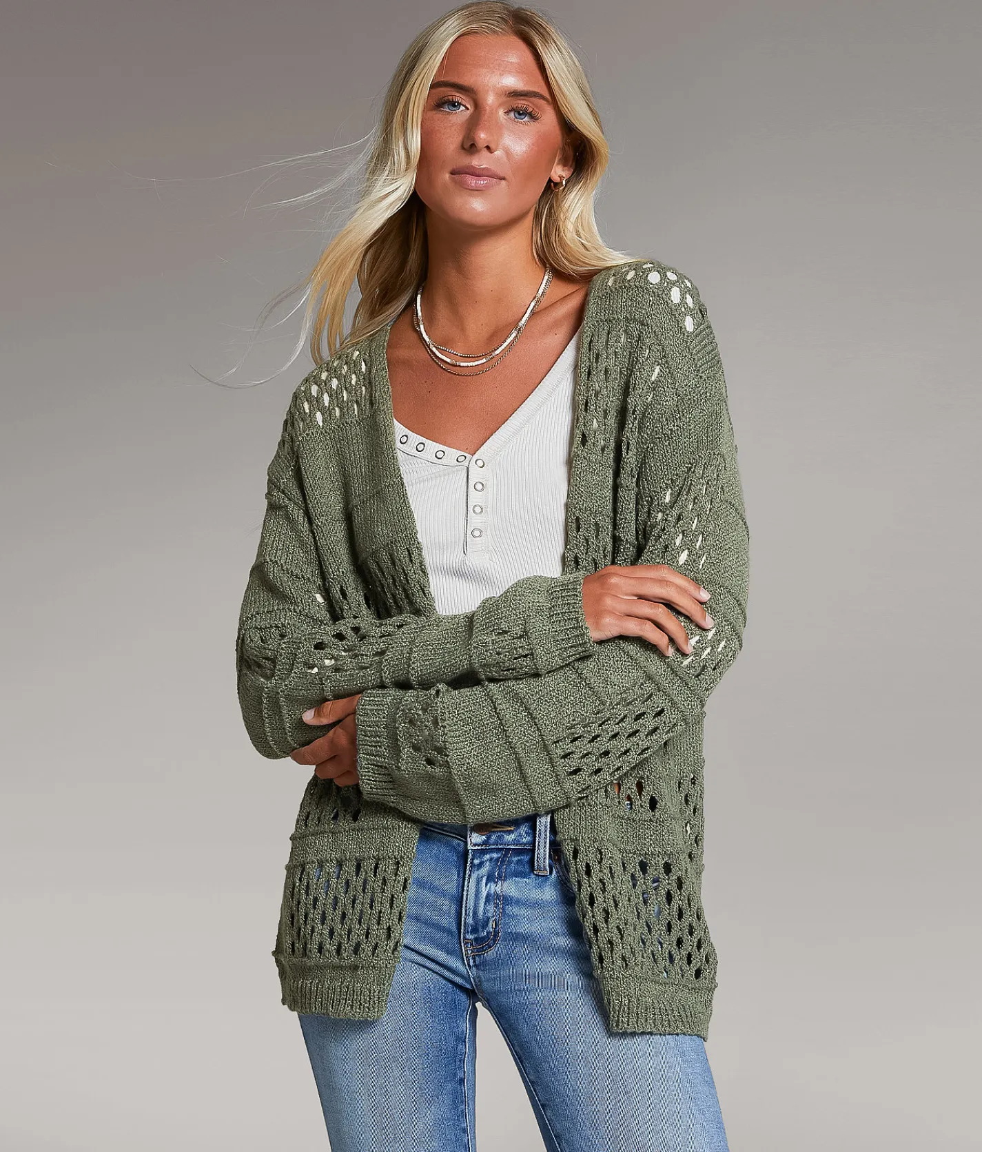 Tops | BKE Pointelle Cardigan Sweater Thyme