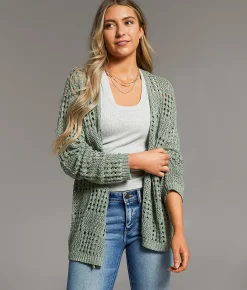 BKE Pointelle Cardigan Sweater Green Marl Sale