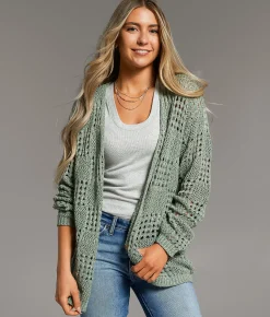 BKE Pointelle Cardigan Sweater Green Marl Sale