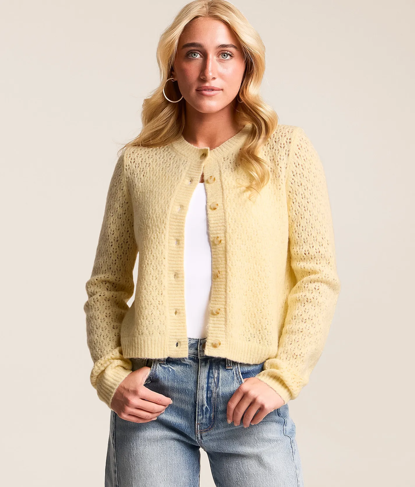 Tops | The Workshop Pointelle Cardigan Sweater Butter Yellow