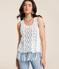 Daytrip Pointelle Fringe Sweater Tank Top Cream Discount