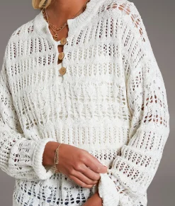 Tops | BKE Pointelle Henley Sweater Cream Marl
