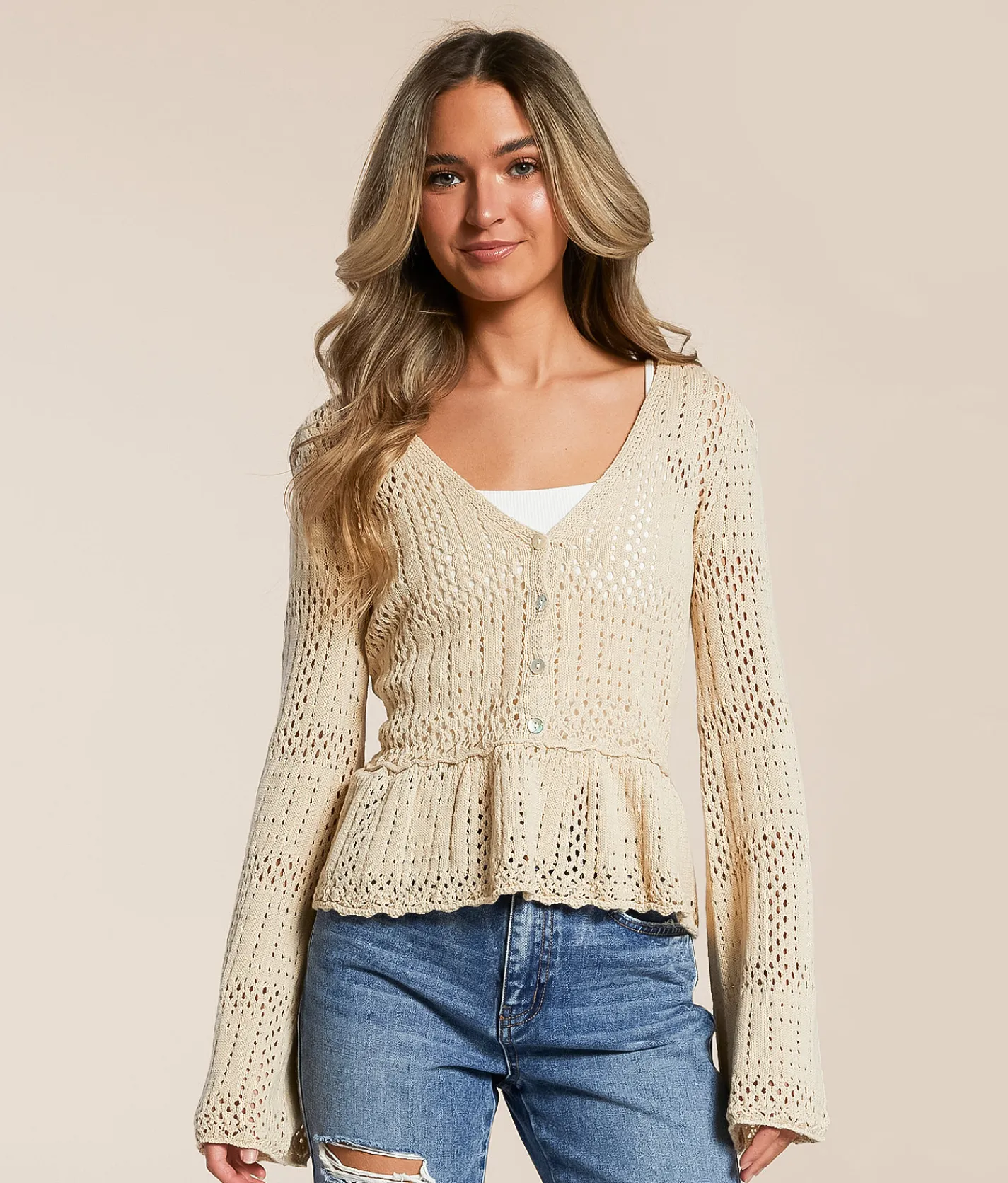 Lumiere Pointelle Peplum Cardigan Sweater Natural Discount