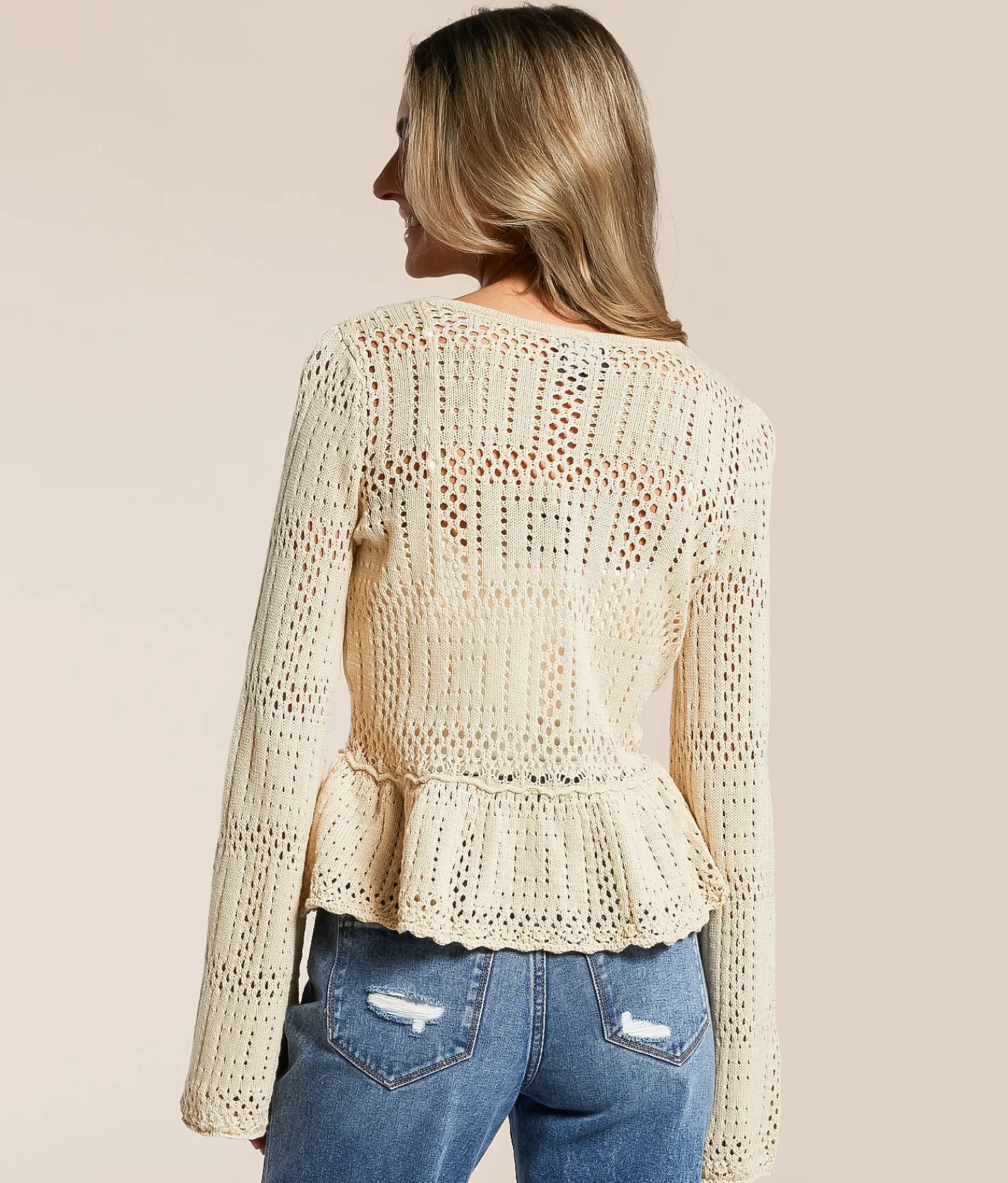 Lumiere Pointelle Peplum Cardigan Sweater Natural Discount