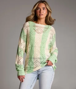 BKE Pointelle Striped Sweater Grn Cream Online