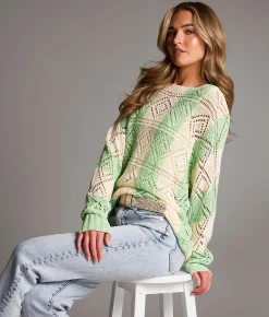 BKE Pointelle Striped Sweater Grn Cream Online