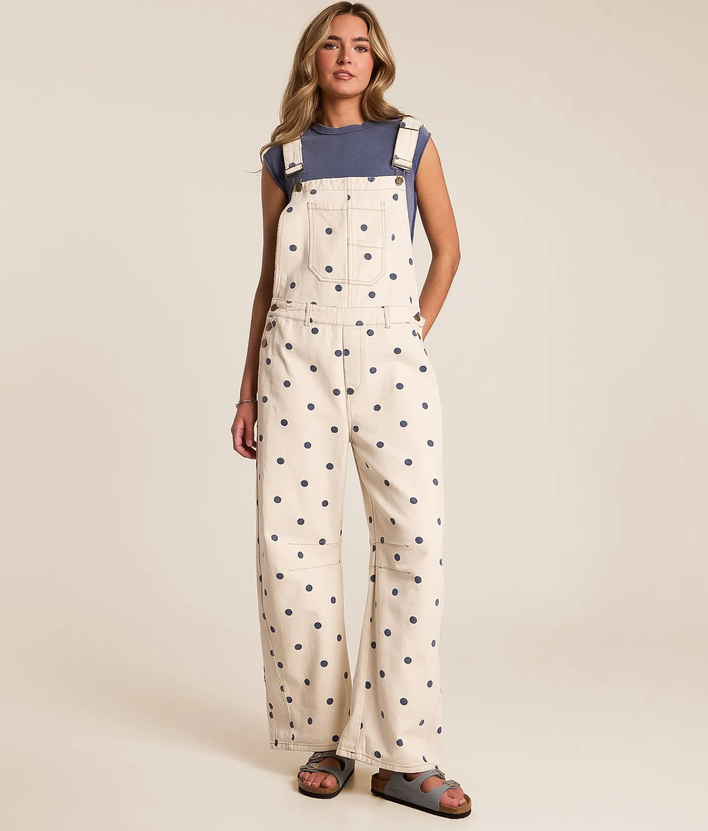 Rompers & Jumpsuits | Peach Love California Polka Dot Barrel Overalls Cream Navy