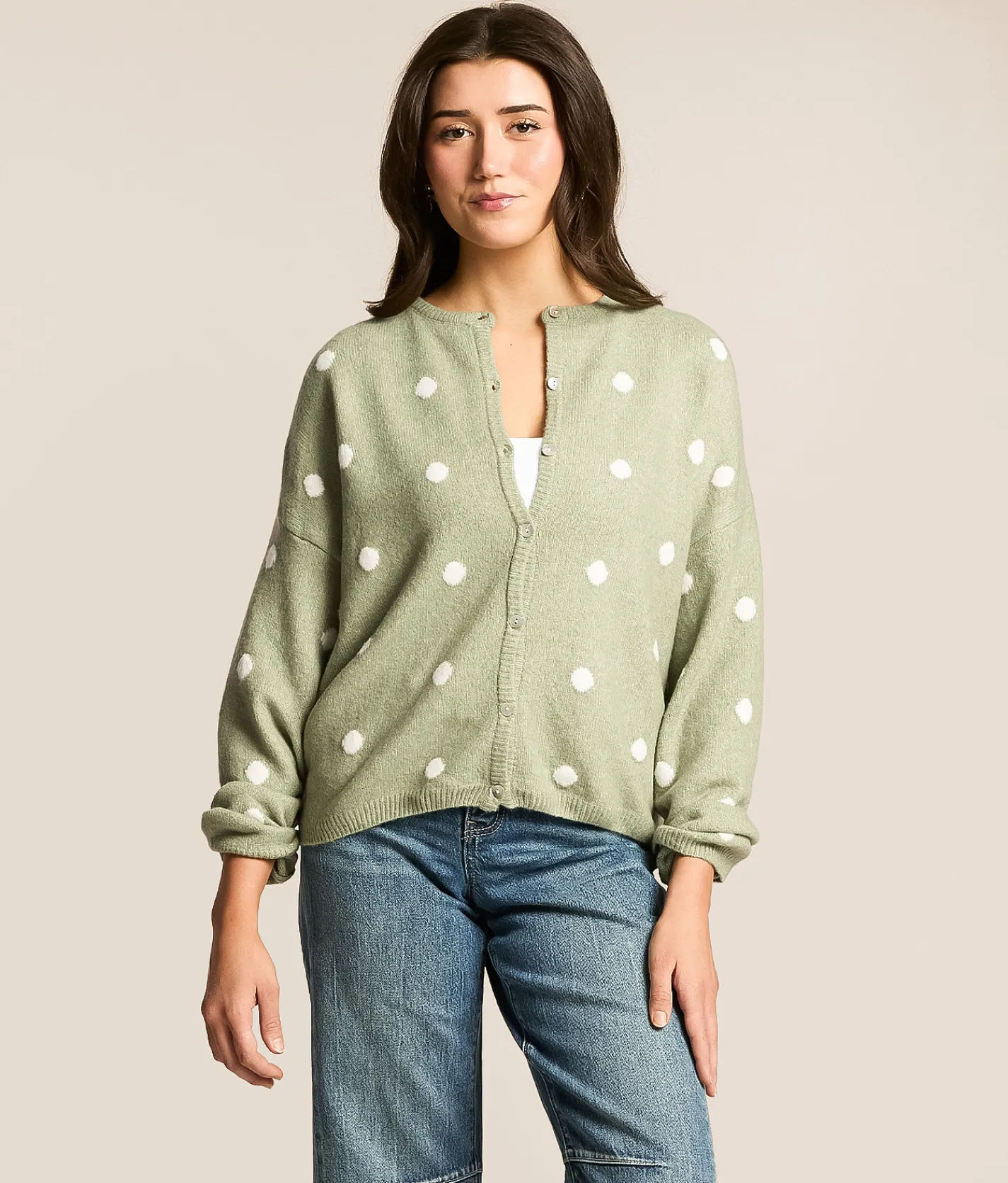 LE LIS Polka Dot Cardigan Sweater Ivory Sage Dot Clearance
