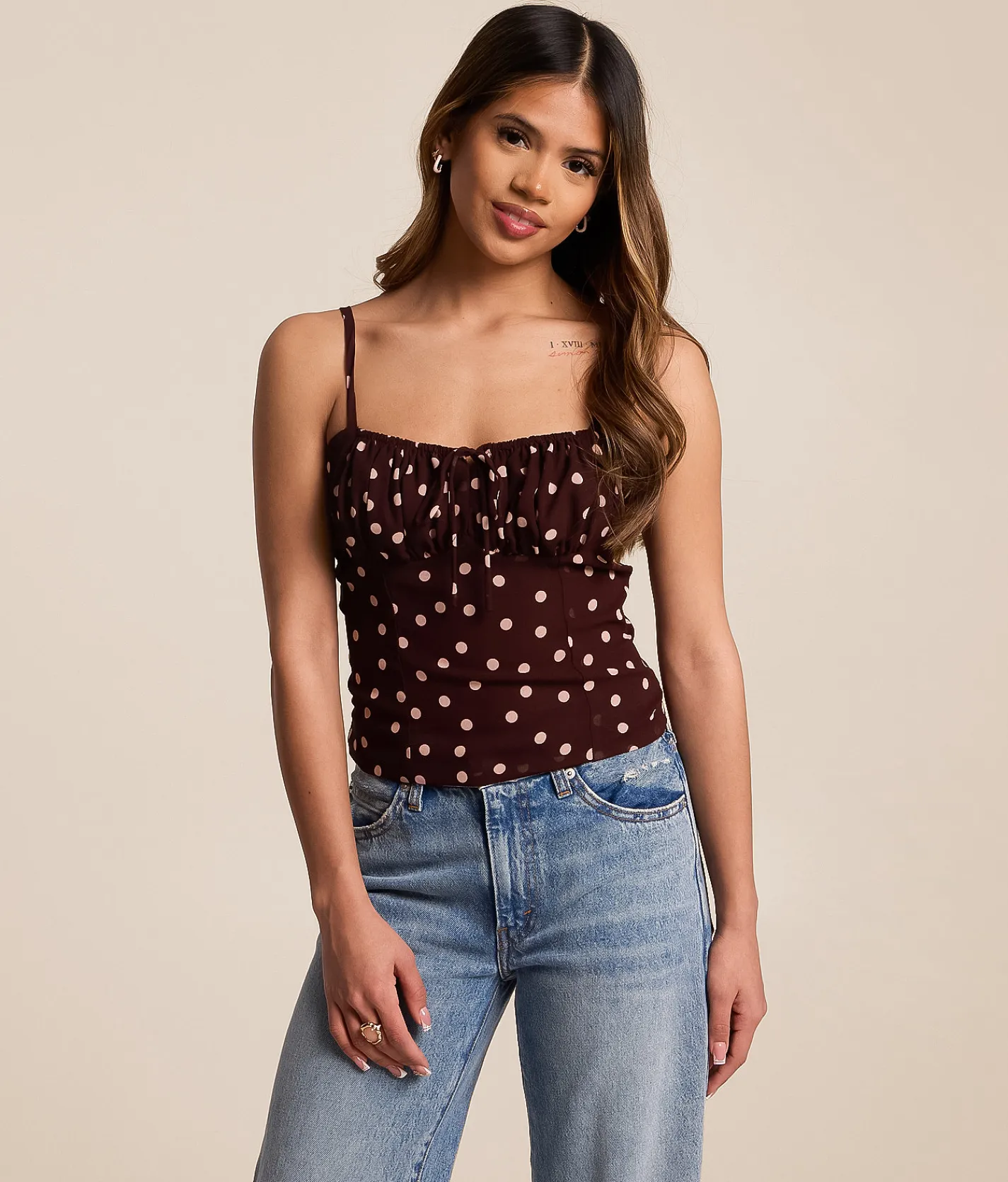 Willow & Root Polka Dot Chiffon Tank Top Brown Clearance