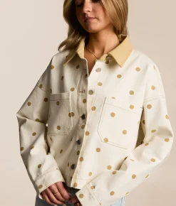 Peach Love California Polka Dot Denim Jacket Cream Tan Best