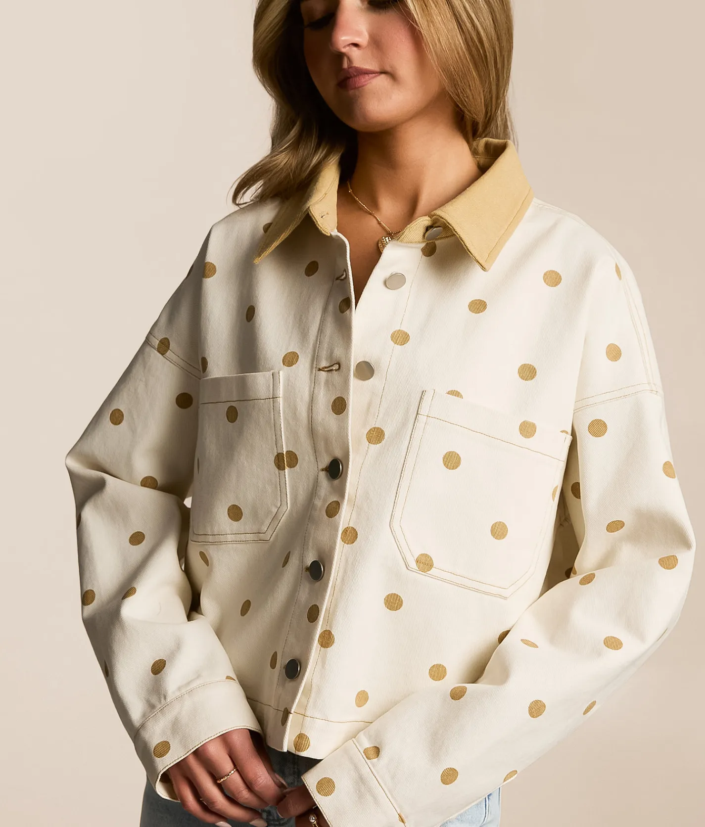 Peach Love California Polka Dot Denim Jacket Cream Tan Best