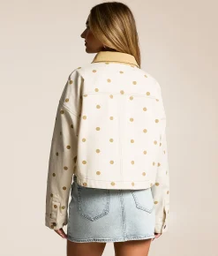 Peach Love California Polka Dot Denim Jacket Cream Tan Best