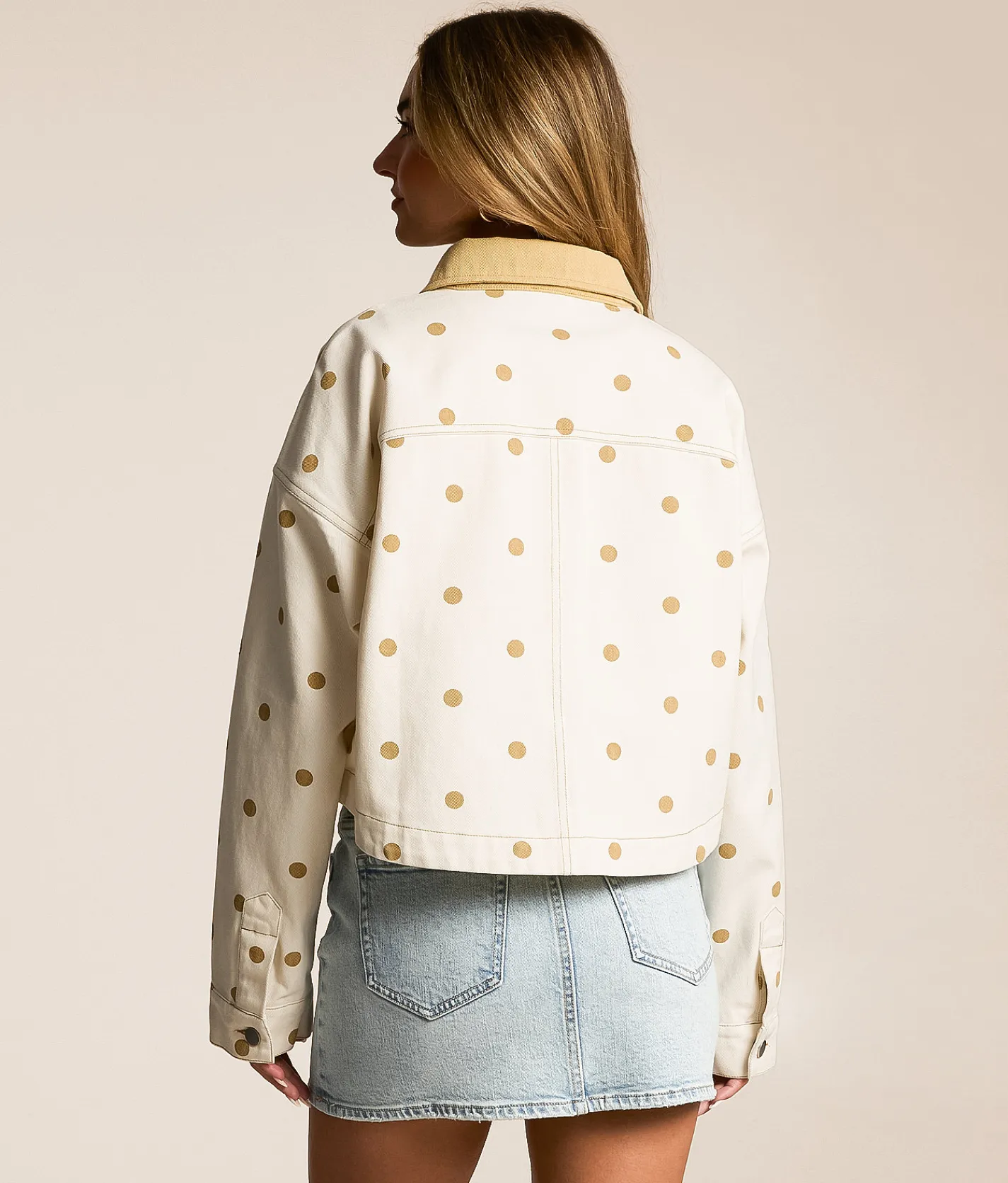 Tops | Peach Love California Polka Dot Denim Jacket Cream Tan